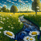 Sunlit wildflower meadow painting with trees and path under blue sky