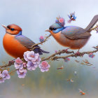 Vibrant bird illustrations on branches with purple flowers and butterflies on blue backdrop