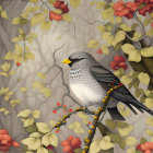 Detailed Gray and White Bird Perched on Branch with Green Leaves, Red Flowers, and Berries