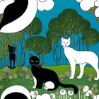 Stylized illustration of black and white cats in whimsical landscape