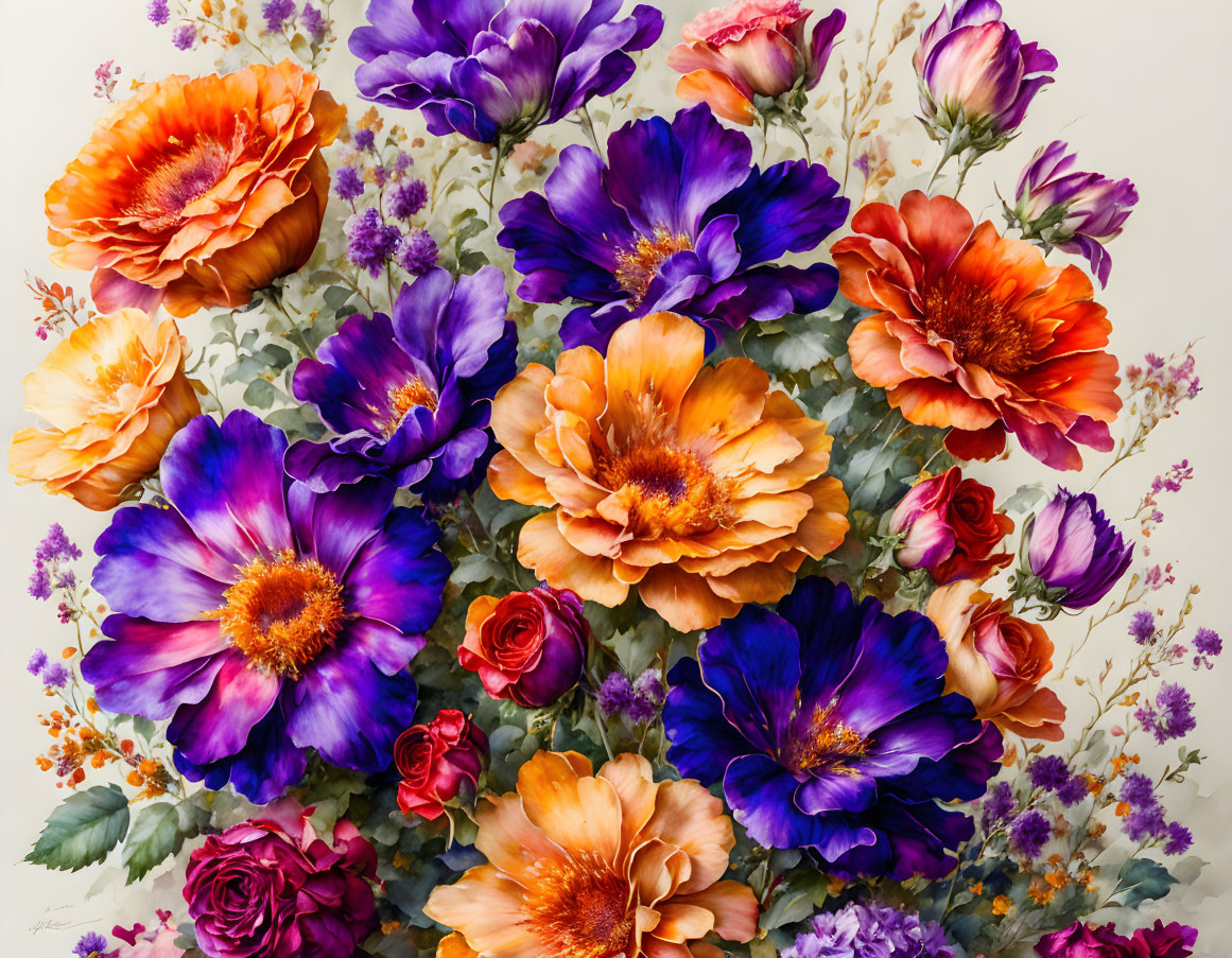 Colorful Bouquet of Orange, Purple, and Red Flowers on Light Background