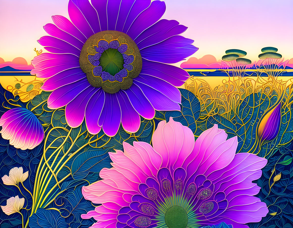 Colorful digital artwork: stylized purple flowers in intricate patterns on whimsical sunset landscape