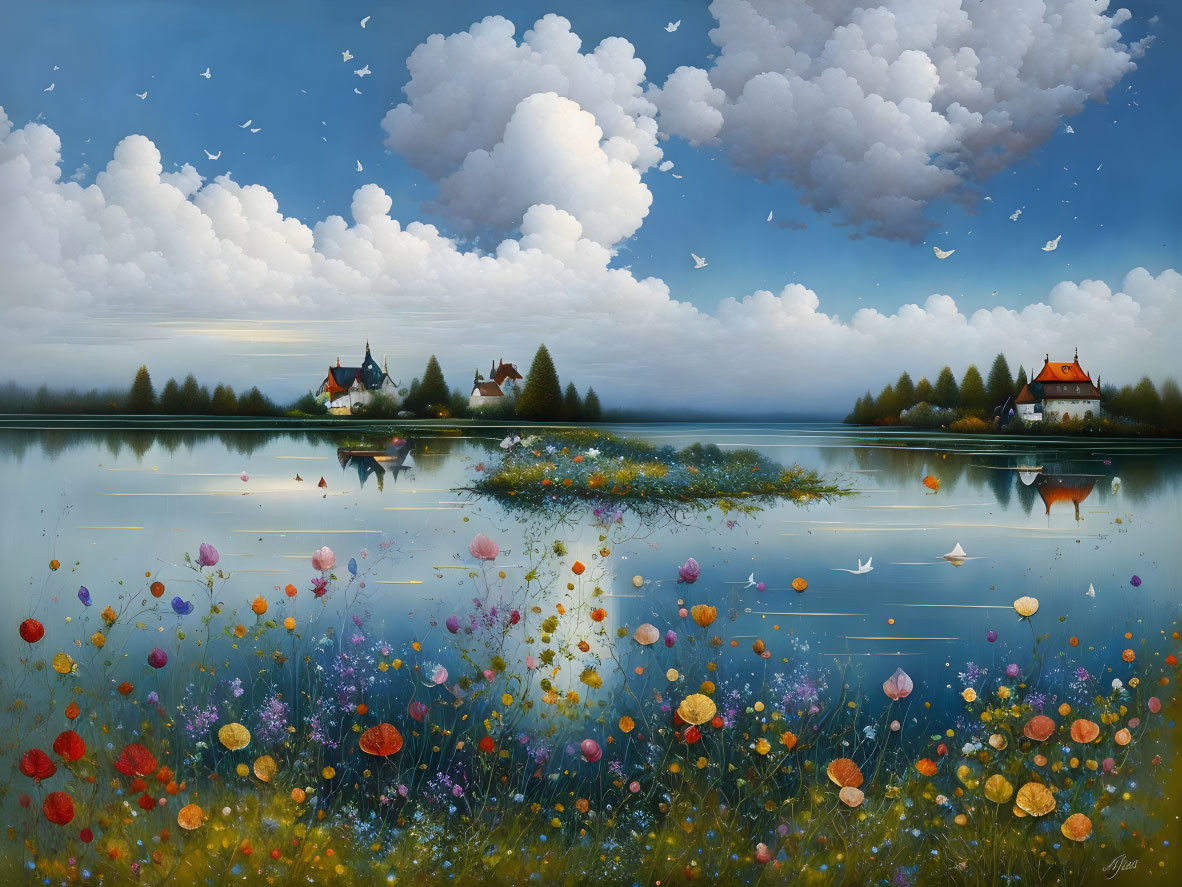 Tranquil landscape: serene lake, colorful flower field, quaint houses, scenic sky