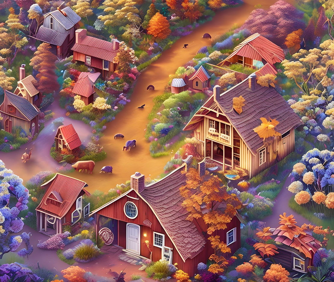 Rustic autumn village scene with cabins, trees, animals, and paths