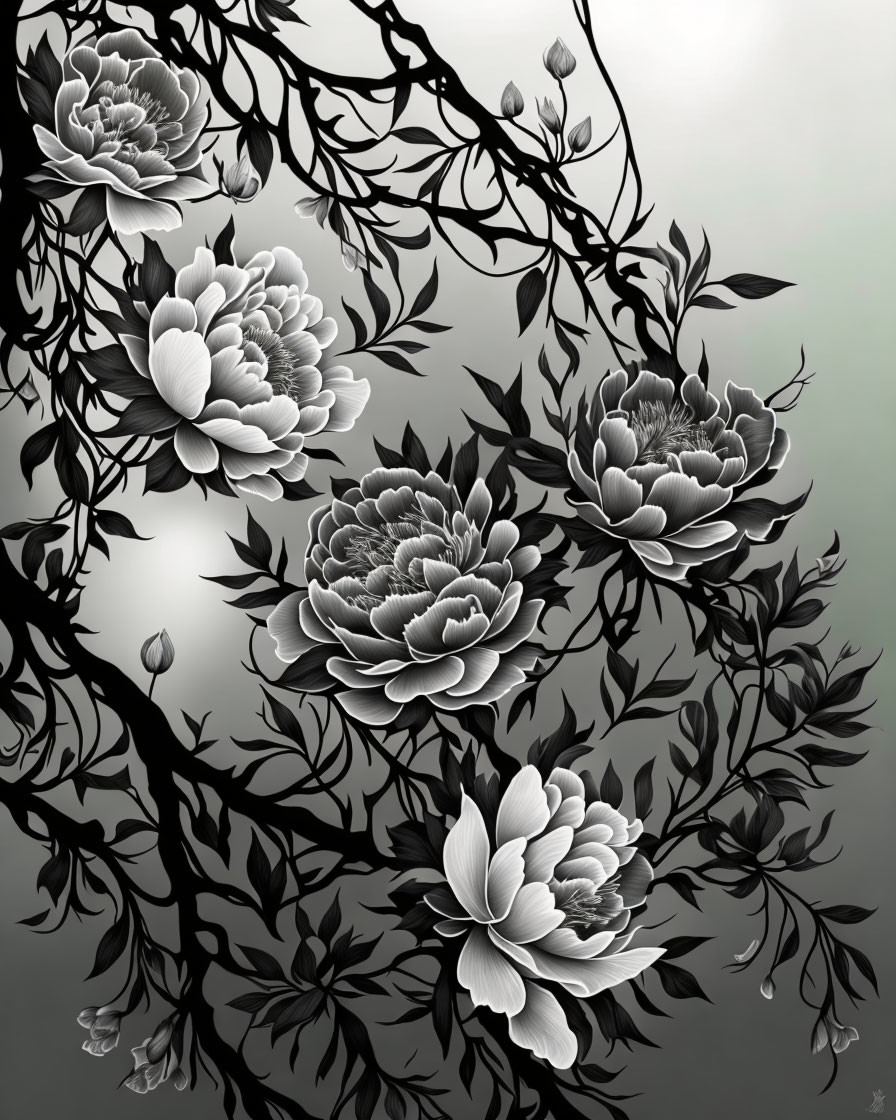 Detailed monochromatic floral branches on gradient grey background