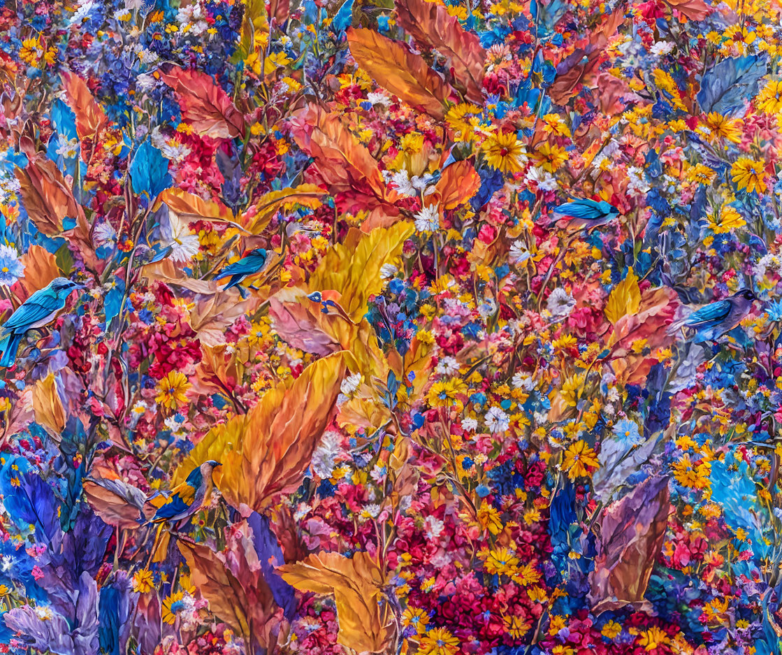 Colorful Floral Painting with Birds in Dense Scene