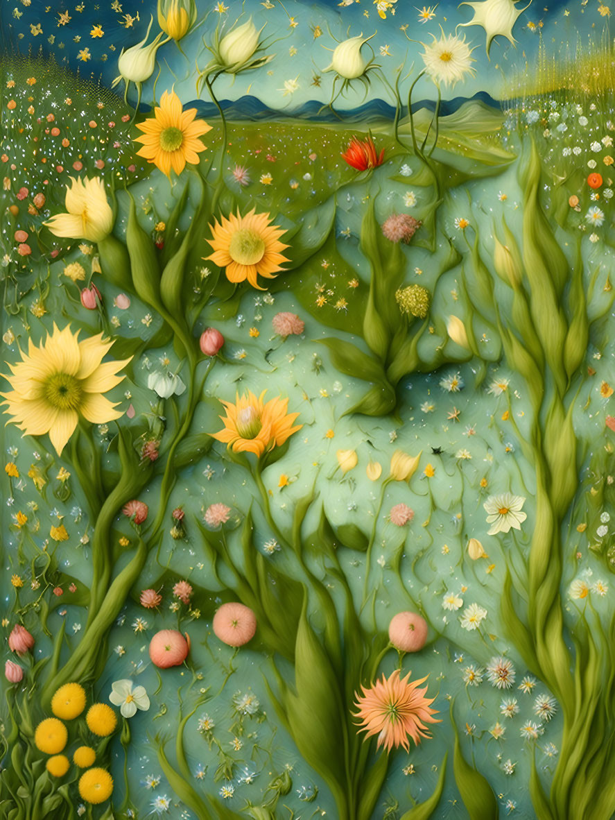 Whimsical painting of meadow with flowing grass, flowers, fruits, stars