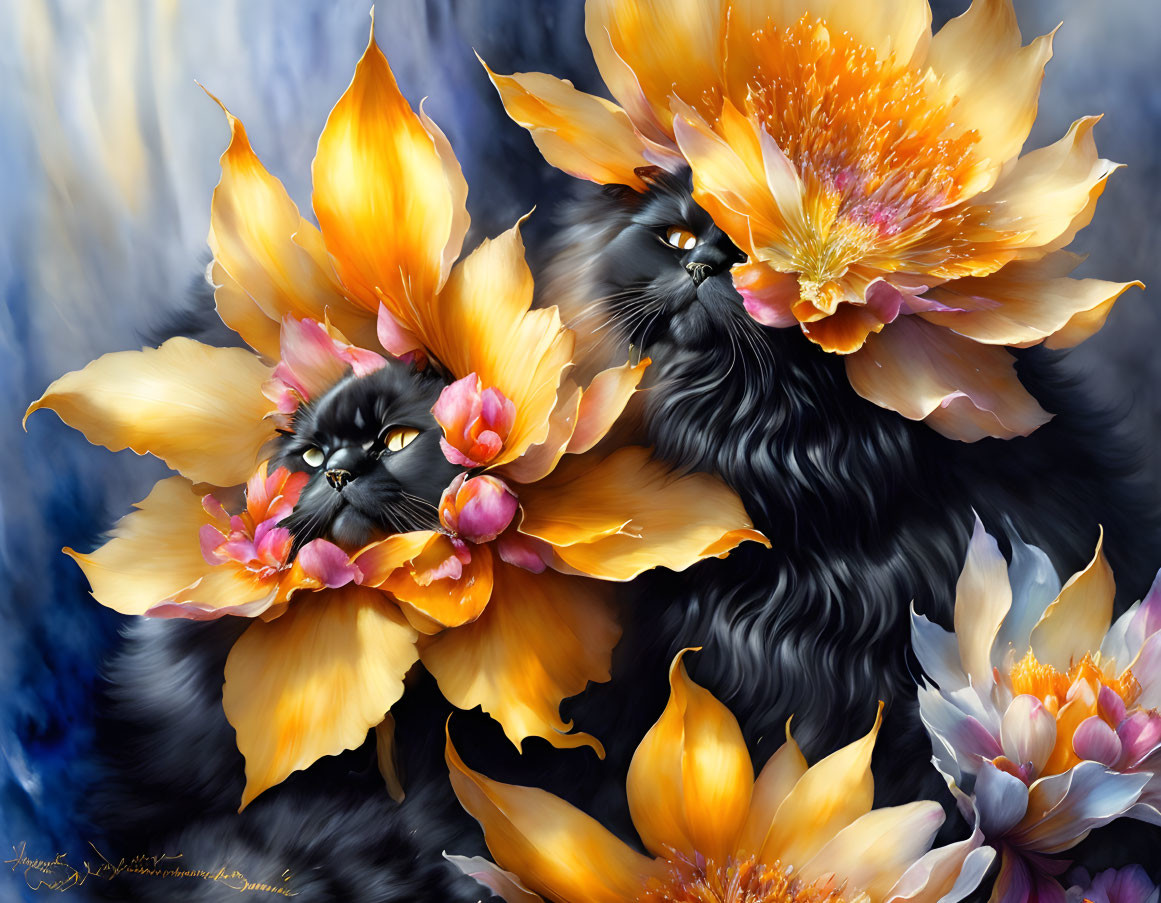 Black cats with yellow and orange flower wings on blue floral background