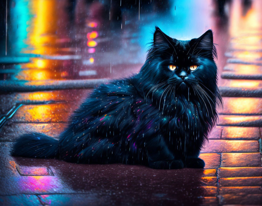 Black Cat with Yellow Eyes on Wet Cobblestone Street at Night