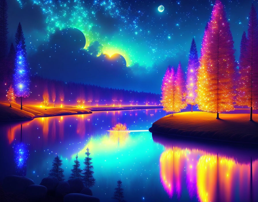 Vibrant digital nightscape with luminous trees and crescent moon