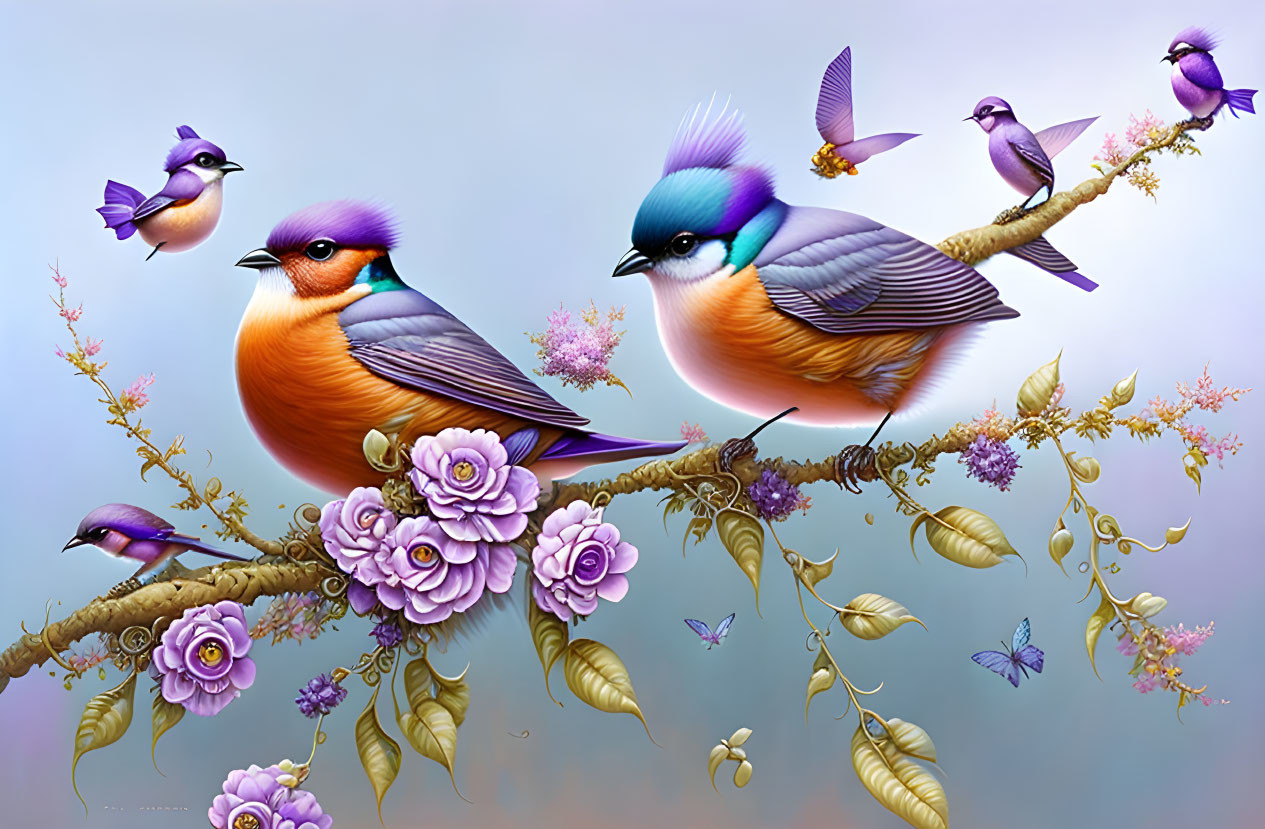 Vibrant bird illustrations on branches with purple flowers and butterflies on blue backdrop