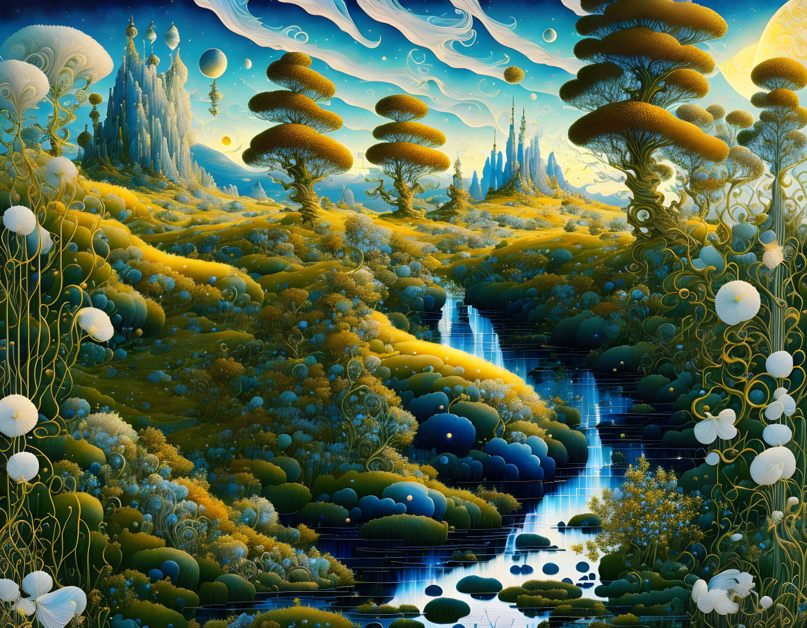 Fantasy landscape with mushroom trees, waterfall, orbs, and swirling skies