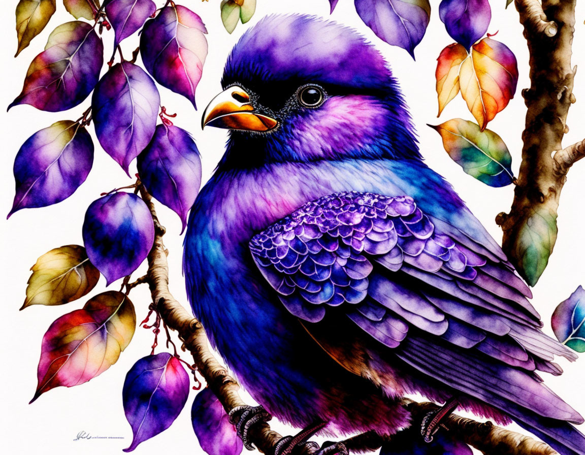 Detailed Purple Bird Illustration on Branch with Colorful Leaves