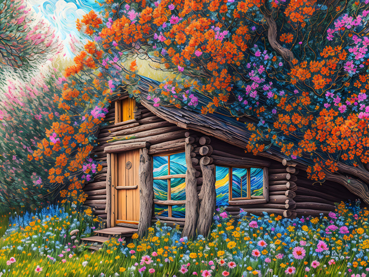 Colorful log cabin surrounded by blooming flowers and trees under blue sky