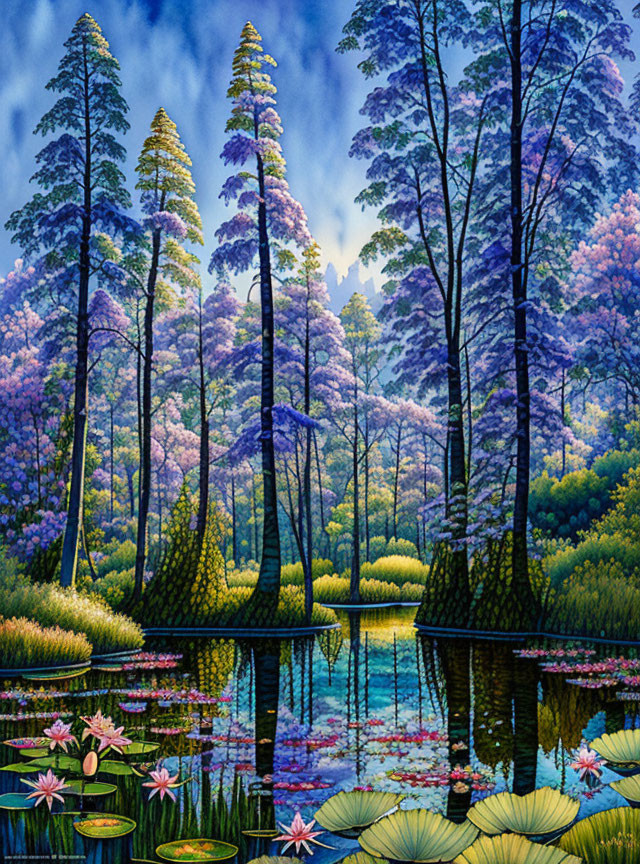 Vibrant forest landscape with tall trees, purple and yellow flora, tranquil pond, lotus flowers