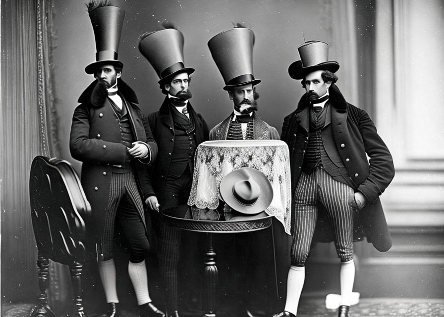 Four men in vintage attire with top hats posing next to a table.