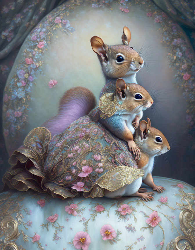 Three anthropomorphized squirrels in elegant attire on a floral cushion.