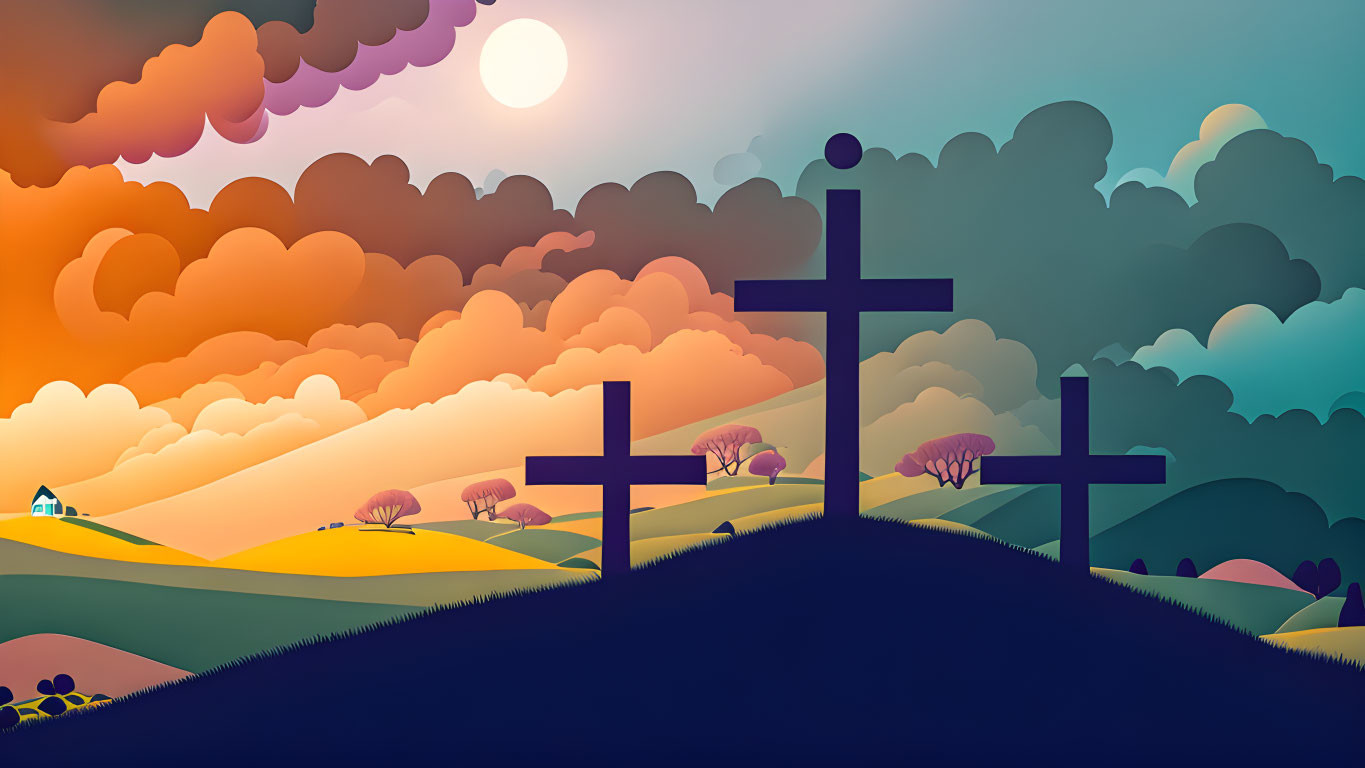 Three Crosses on Hill with Colorful Sunset Backdrop