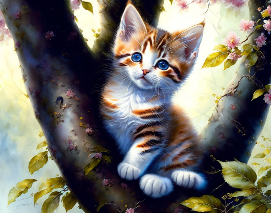 Tabby kitten with blue eyes under blossoming tree