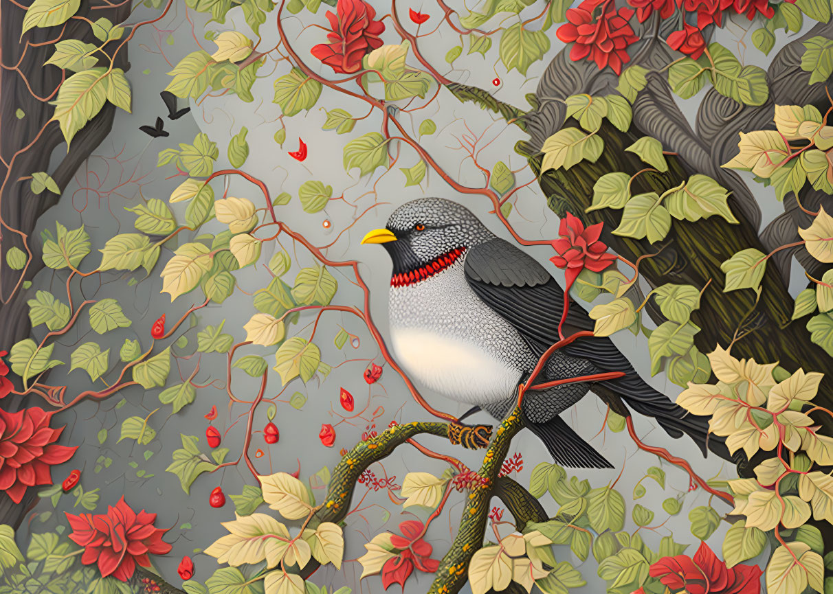 Detailed Gray and White Bird Perched on Branch with Green Leaves, Red Flowers, and Berries