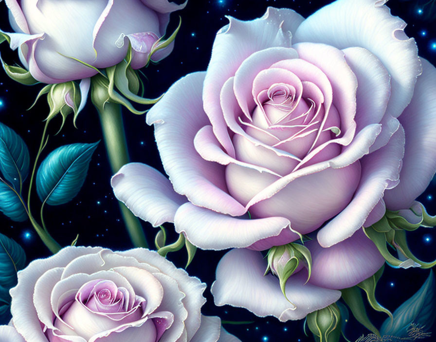 Digital Artwork: Three Luminescent Purple Roses on Starry Night Sky