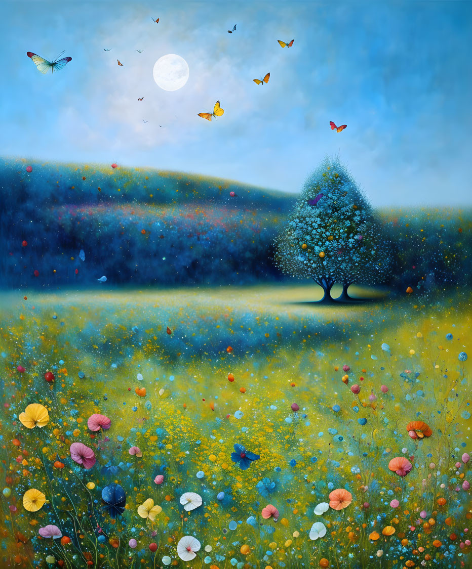 Whimsical landscape with tree, flowers, butterflies under moonlit sky