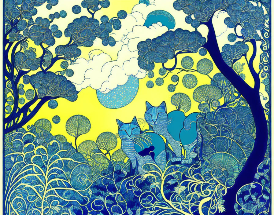 Illustration of cats in moonlit forest with intricate patterns & vibrant colors