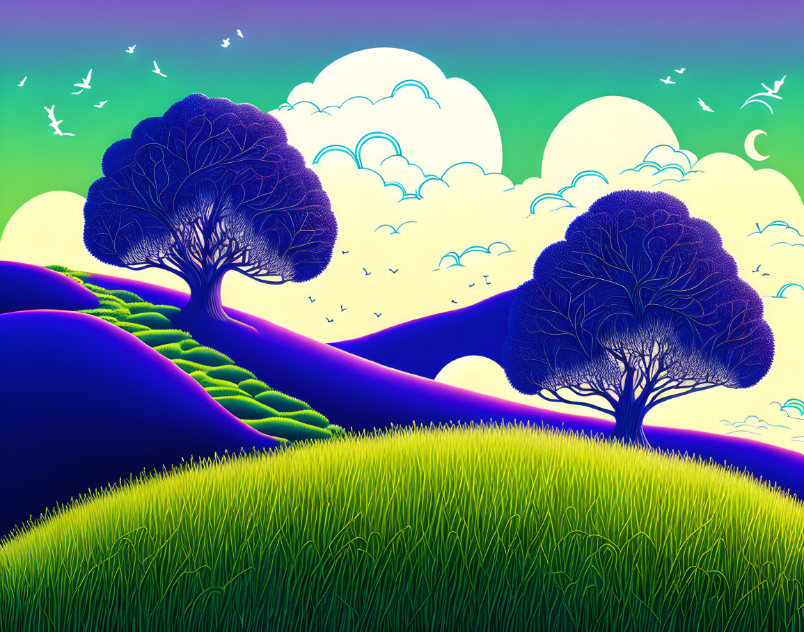 Fantastical landscape with two prominent trees on rolling hills