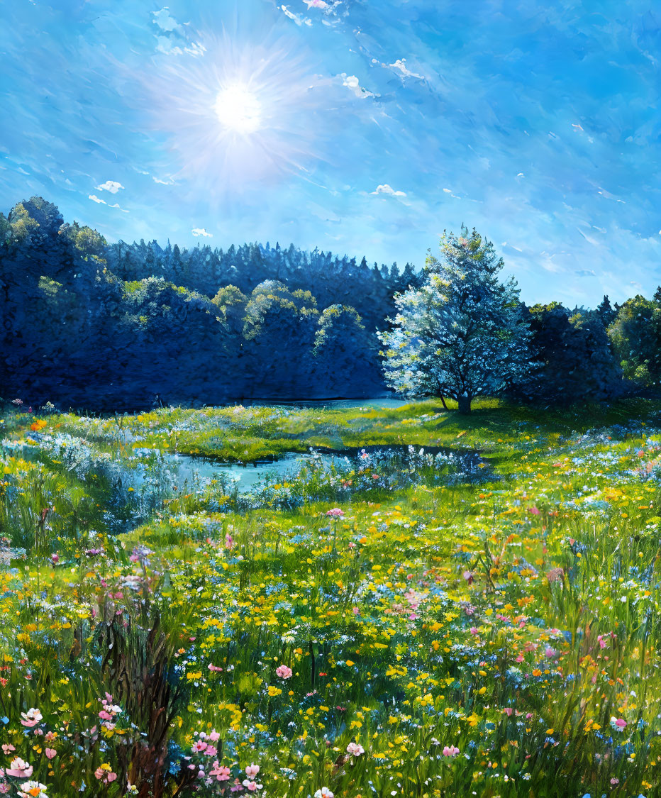 Sunlit meadow with wildflowers, pond, and lush trees on a bright day