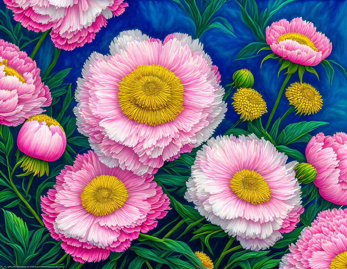 Pink and White Peonies Painting with Yellow Centers on Deep Blue Background