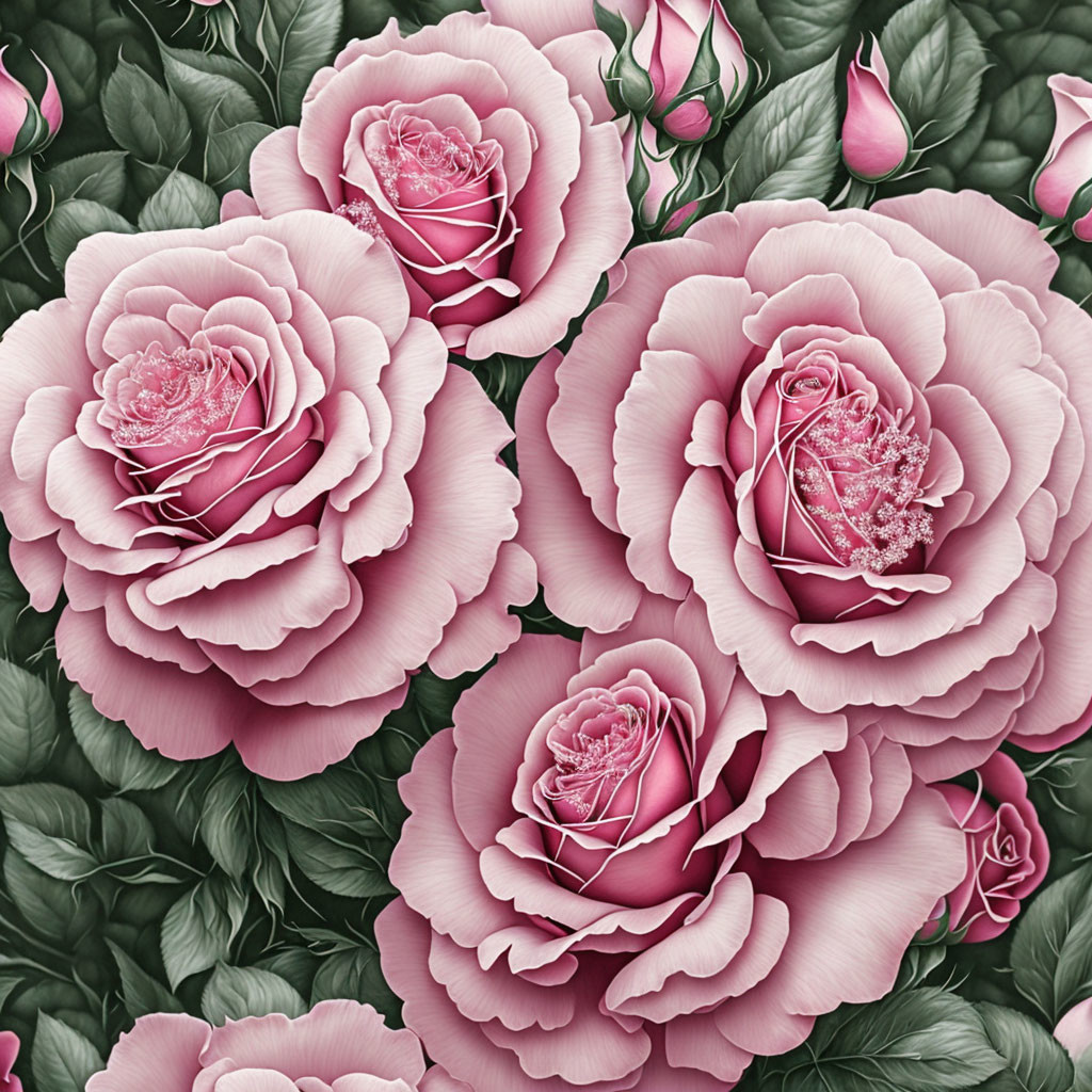 Multiple Layered Pink Roses in Bloom with Detailed Petals and Green Leaves