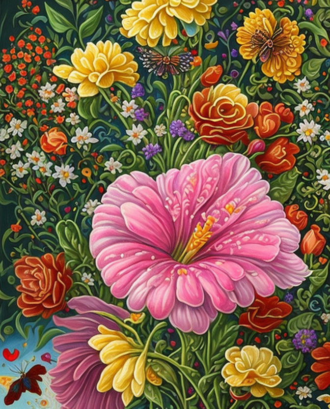 Colorful floral painting with pink flower, roses, daisies, butterfly, and ladybug