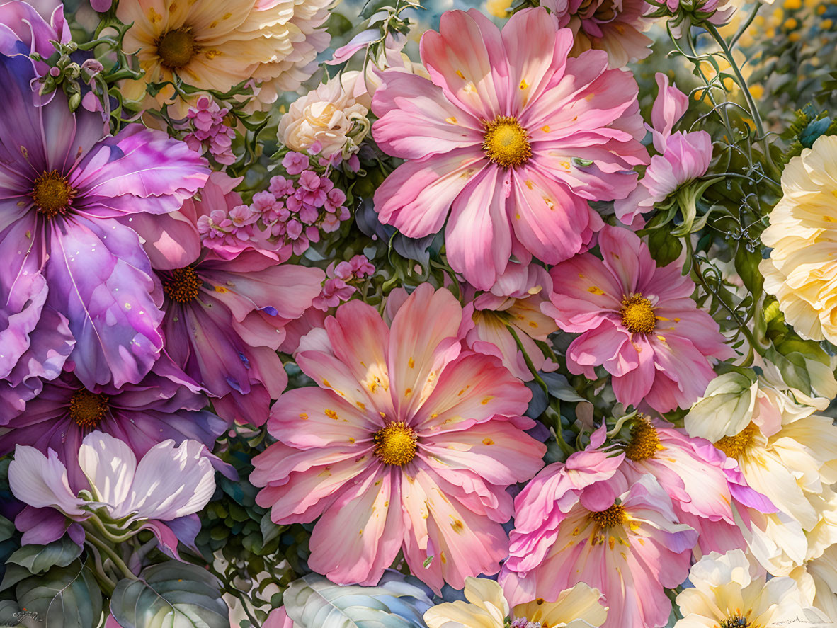 Assorted pink, purple, and yellow flowers with lush green leaves