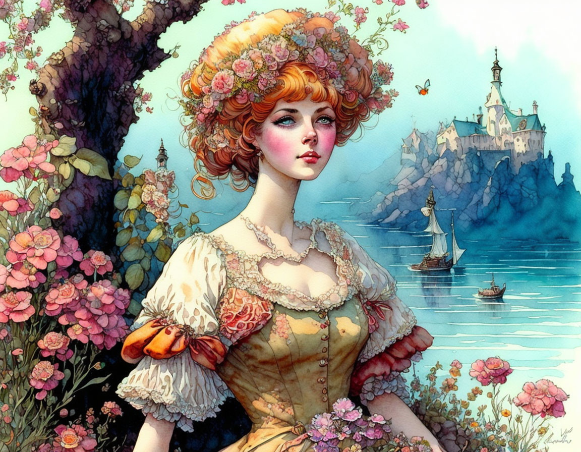 Illustration of woman with orange hair in vintage dress among flowers, castle, and ship