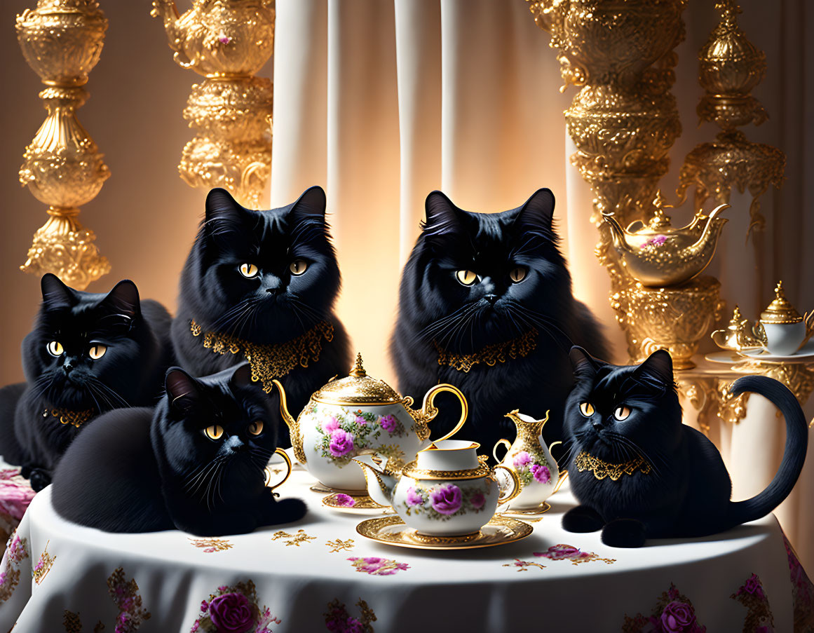 Five Black Cats with Golden Collars Around Ornate Tea Set