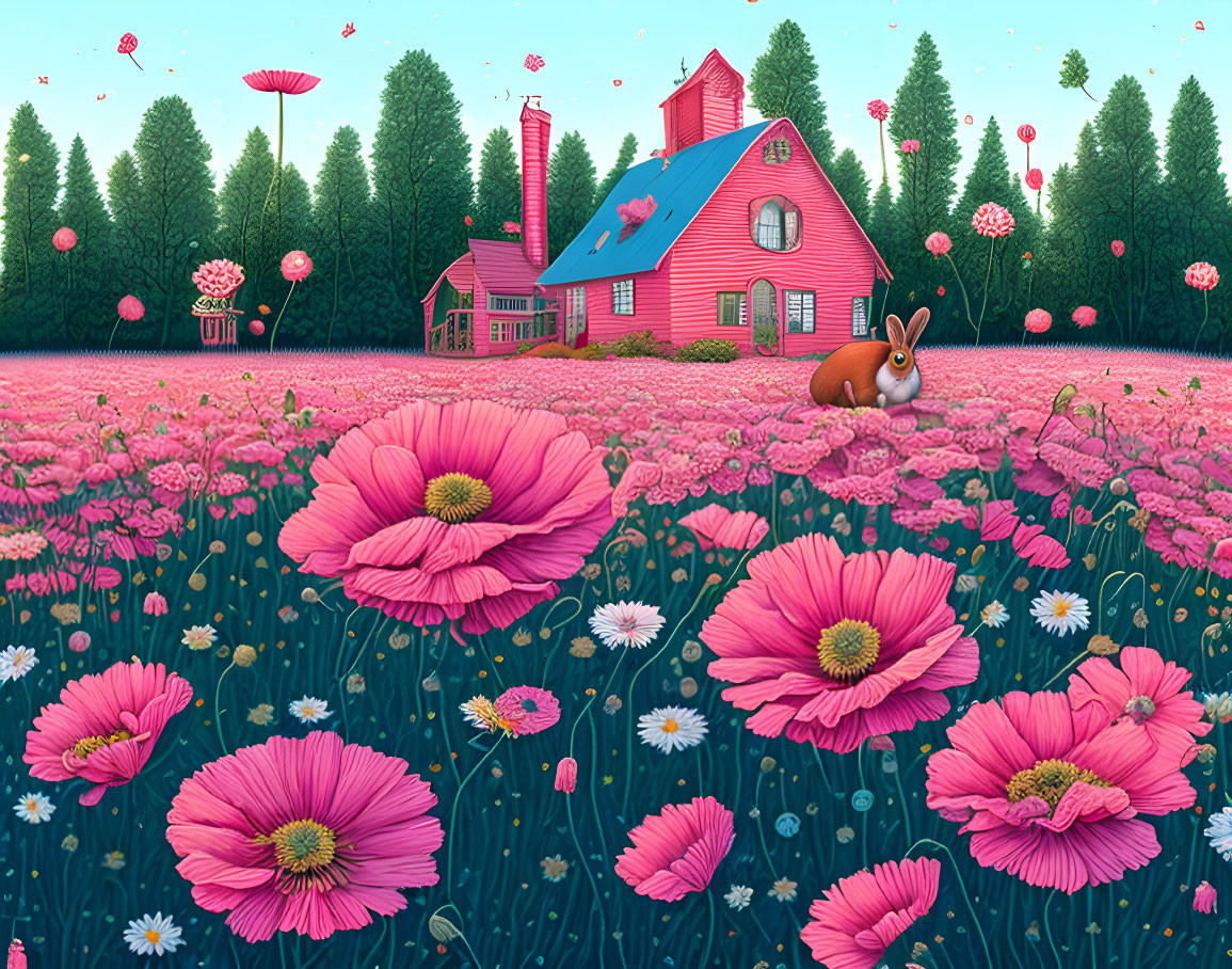 Colorful illustration: Pink field, flowers, rabbit, red house, floating hearts