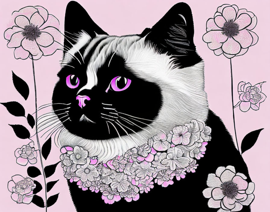 Tuxedo Cat with Purple Eyes in Floral Motifs on Pink Background