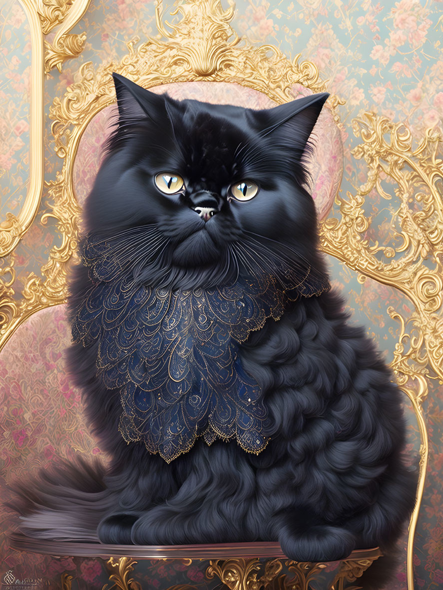 Majestic black cat with yellow eyes on ornate chair