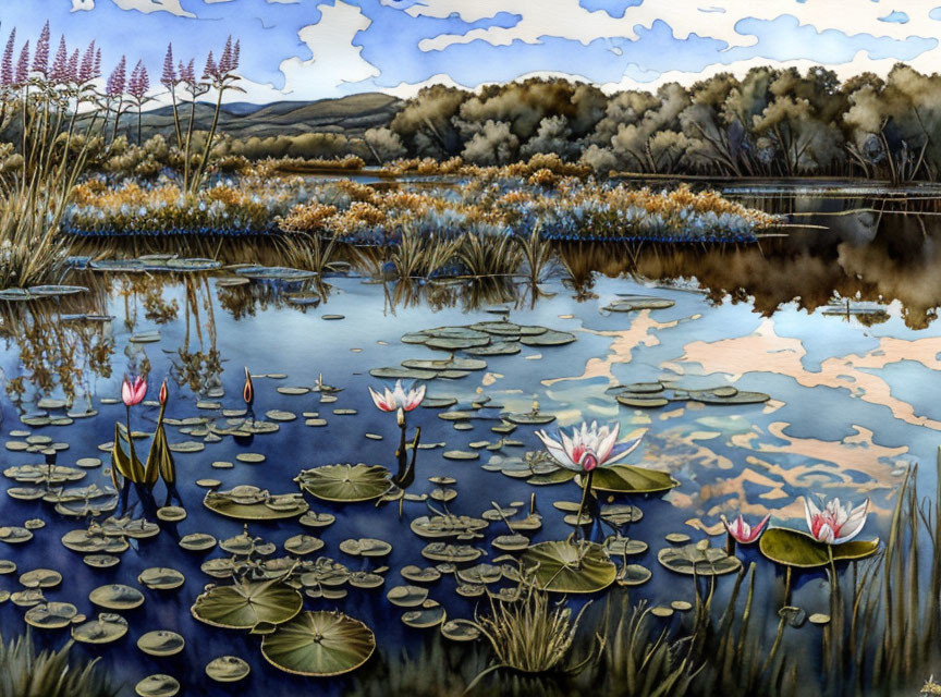 Tranquil watercolor painting of serene pond with lotus flowers and lily pads