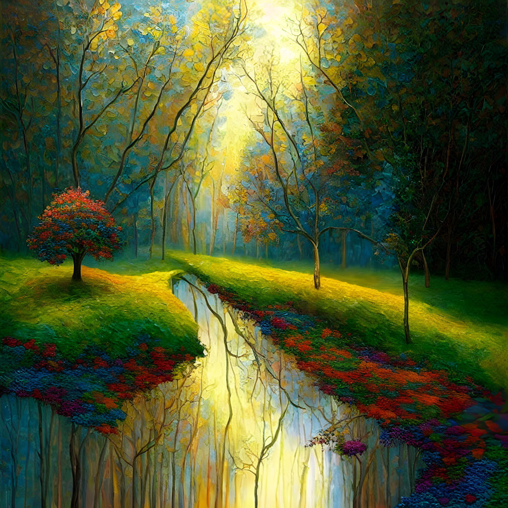 Colorful Forest with Reflective Stream and Luminous Sky