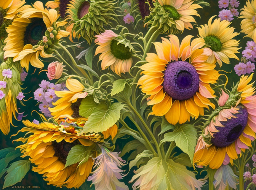 Colorful sunflower bouquet painting with pink flowers in background