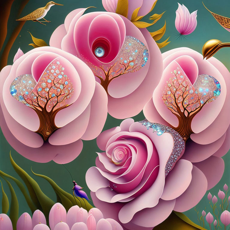 Colorful surreal artwork: Oversized pink roses, glittering trees, small blue bird