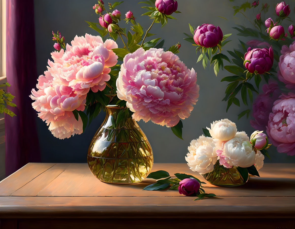 Pink and white peonies in glass vase on wooden table