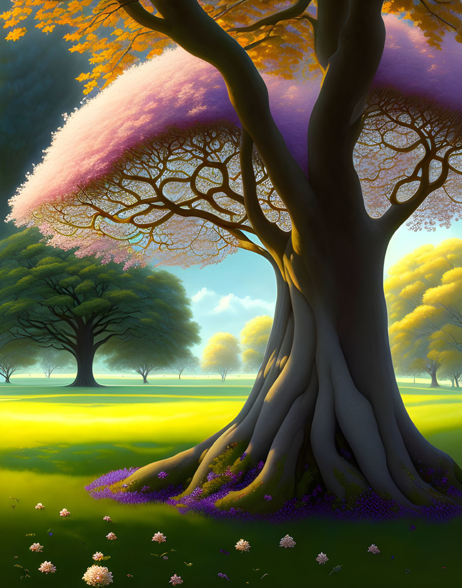 Majestic purple tree in vibrant fantasy landscape