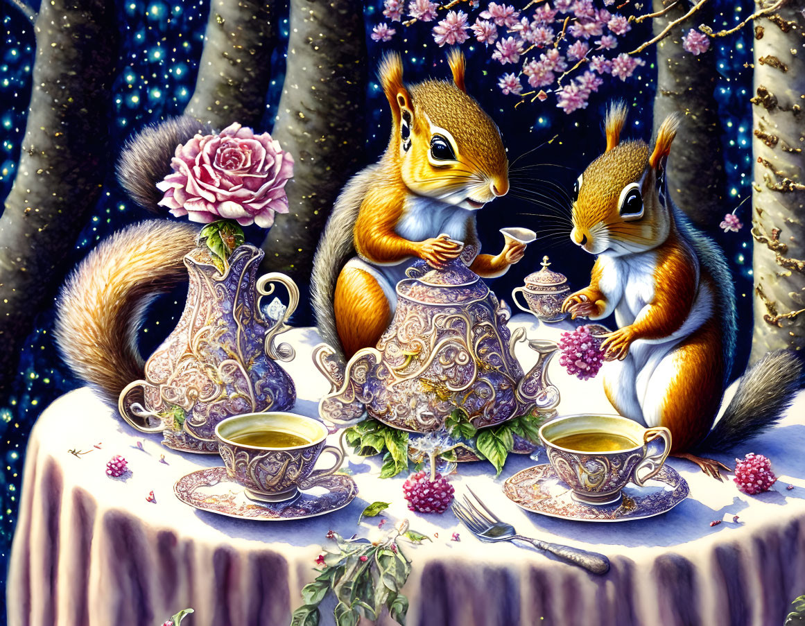 Whimsical tea party with two squirrels, ornate teapot, cups, flowers, berries