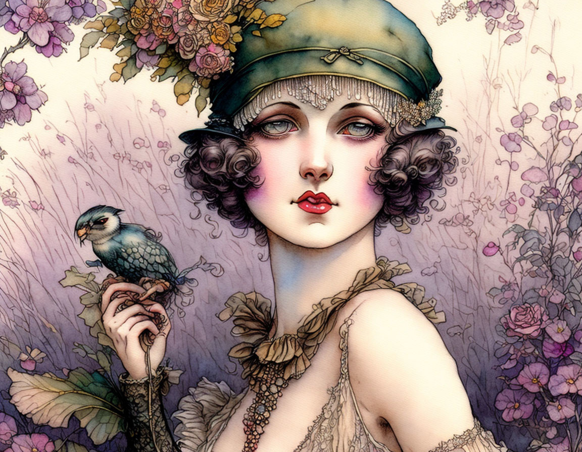 Vintage 1920s fashion illustration with woman, bird, and purple flowers