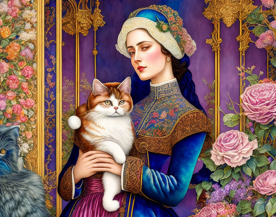 Medieval woman with cat in ornate floral setting