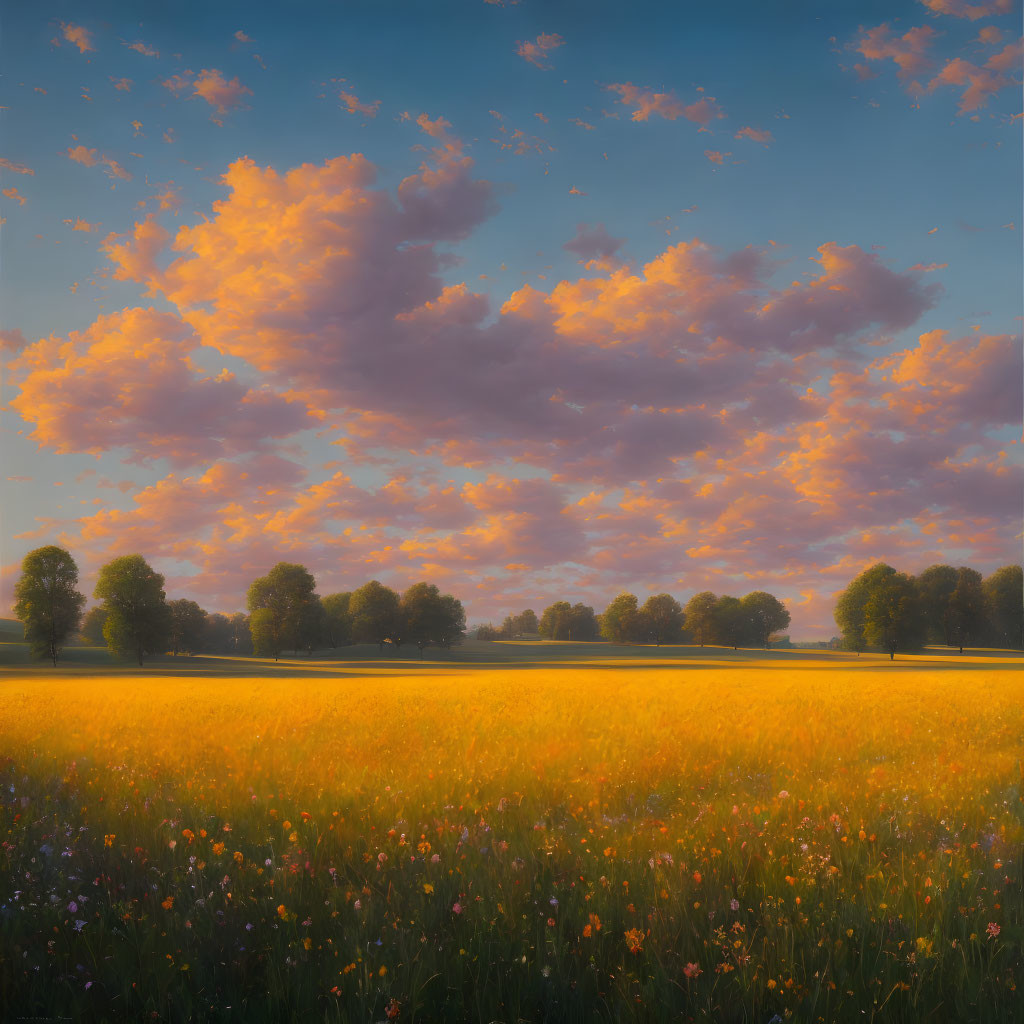 Tranquil Dusk Landscape: Golden Field, Pink Clouds, Silhouetted Trees