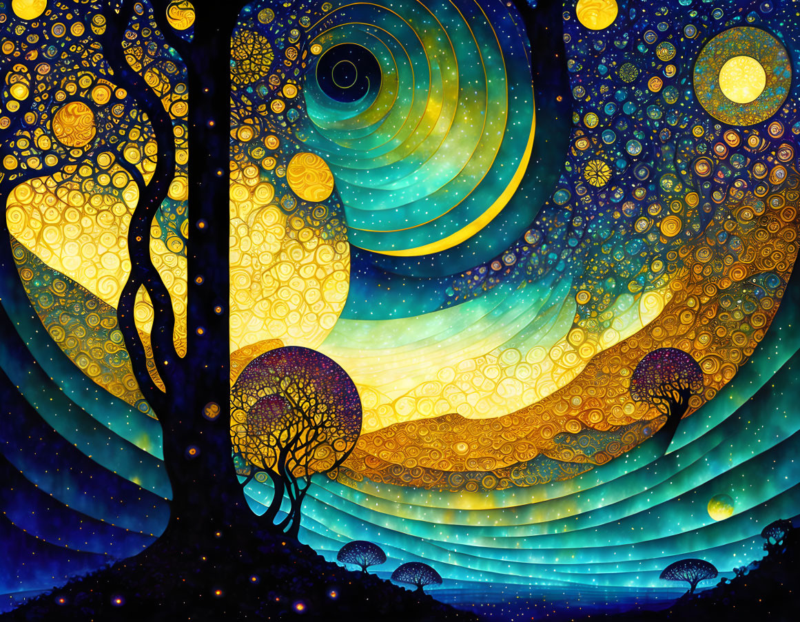 Colorful Whimsical Tree Artwork on Starry Night Sky