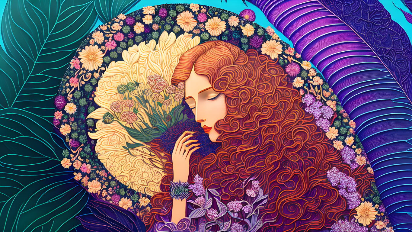 Colorful Art Nouveau Woman with Red Hair & Floral Pattern